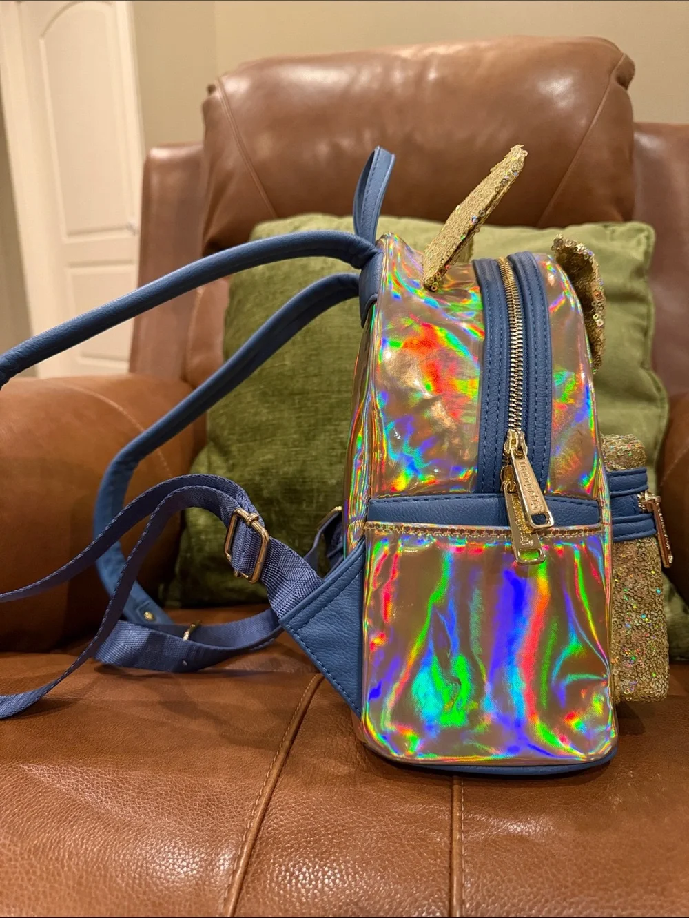 Disney Parks Gold Holographic & Sequin Minnie Mouse Loungefly Backpack with Bow